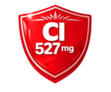 Red glossy shield icon featuring white text CI 527mg, representing a medical supplement or pharmaceutical dosage.