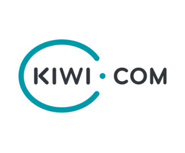 Kiwi.com logo with teal circular icon and grey text on a black background for travel booking.