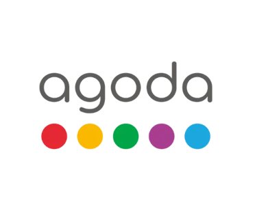 Agoda travel booking logo with five colorful dots on a black background