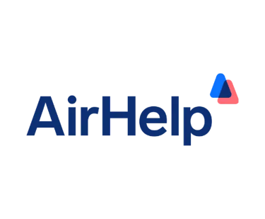 AirHelp logo for flight compensation services with blue and red abstract icon on black background.