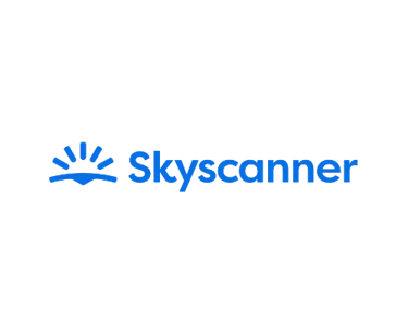 Skyscanner logo in blue text with a rising sun icon on a black background for travel bookings.