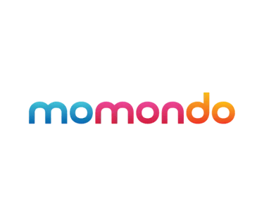 Colorful momondo logo with a blue-to-orange gradient font on a solid black background.