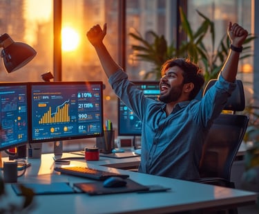 Successful entrepreneur celebrating AI tool business growth and achievements