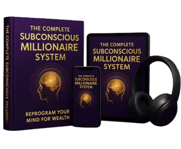 The Complete Subconscious Millionaire System course materials featuring a book, tablet, phone, and headphones.