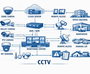 Diagram showing how dome, bullet, and PTZ cameras connect to a DVR/NVR, monitoring station, and clou
