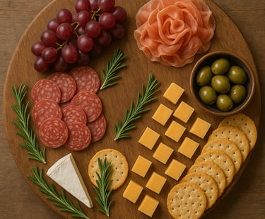 a plate of cheese and crackers with grapes and olives