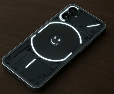 Imagem realista do Nothing Phone (3) sobre superfície de madeira escura. O smartphone exibe sua tras