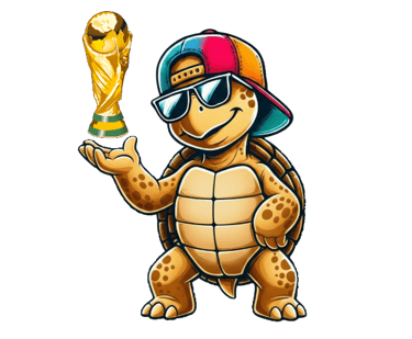 Cool cartoon turtle wearing sunglasses and a cap holding a gold world cup trophy.