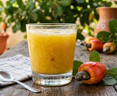 Suco de caju recém-batido em um copo sobre uma mesa rústica de madeira, com maçãs de caju inteiras.