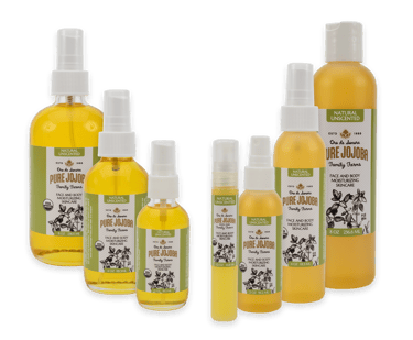 A collection of natural unscented Pure Jojoba oil bottles in various sizes for face and body moisturizing skincare.