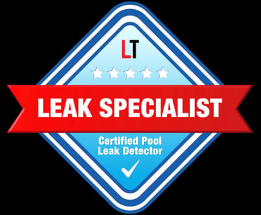 Certified pool leak detector logo for an expert leak specialist with five stars.