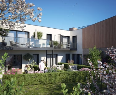 Cœur d’îlot paysager de la résidence Les Terrasses du Fort avec espaces verts et terrasses privative