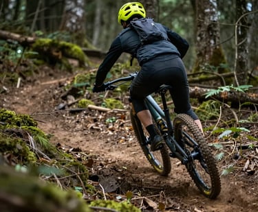 Cyclist riding a mountain bike on a rugged trail surrounded by lush green hills.