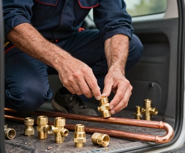 Close-up of a professional plumber neatly organizing copper pipes and high-end brass fittings inside a clean van, warm side lighting, premium editorial photography