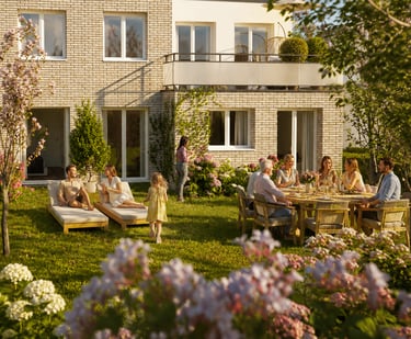 Espaces extérieurs paysagers de la Résidence Les Ricochets II favorisant convivialité et bien-être.