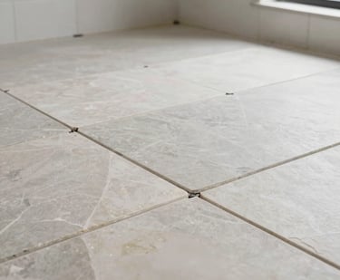 Close-up architectural photograph of a master bathroom floor being laid with large-format slate tiles, leveling spacers visible between perfect grout lines, bright natural side-light.