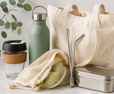 Reusable alternatives to single-use plastics including a tote bag, reusable water bottle, metal stra