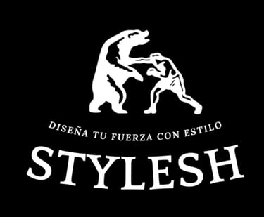 Logotipo de la marca STYLESH, gráfico blanco de un oso boxeando con hombre sobre un fondo negro.