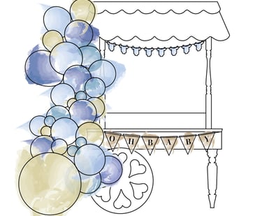 Watercolor blue balloon arch and oh baby banner on a white candy cart outline for a baby shower.