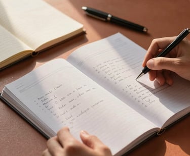 Close-up of hands holding an open assessment workbook on a warm clay-colored table, handwritten notes visible on the page, a small notebook and pen beside it, golden afternoon window light raking across the materials from the left, intimate and deliberate framing