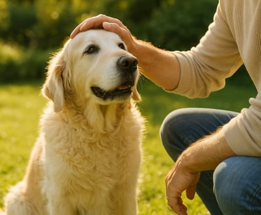 Elderly dog receiving affection.