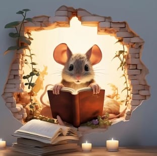 Dekoratives Wandbild 'Lesende Maus', Dieses bezaubernde Wandbild zeigt eine gestaltete Maus
