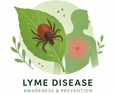 Lyme disease awareness illustration featuring a tick on a leaf and a bullseye rash on a human silhouette.