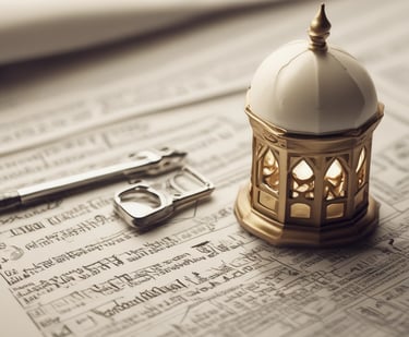 A hand holds a book with a decorative green cover displaying Arabic script and patterns. The book cover includes the title 'Al-Qur'an Wakaf' along with the branding of 'Madina'. There is a combination of ornate designs in white, gold, and green creating an intricate frame around the central text.