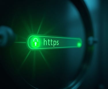 a green computer keyboard with a green light showing https