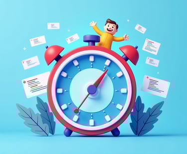 a man sitting on top of a clock with many papers and papers