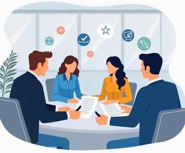 a group of people sitting around a table with papers