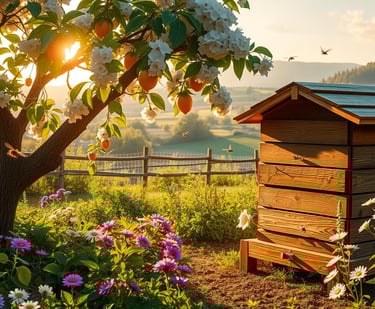 A serene homestead setting featuring a vibrant garden with flowering plants, a wooden beehive nestle