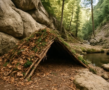Natural debris hut | A-Frame shelter built near water source
