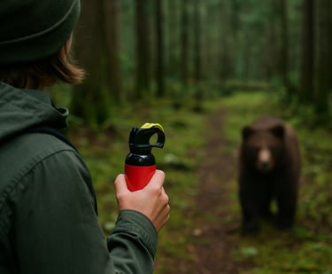 Person using bear spray in wilderness to deter charging bear during emergency wildlife survival encounter in the forest