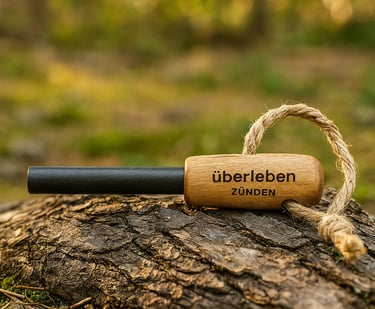 Überleben Zünden ferro rod fire starter with wood grip and paracord on forest log