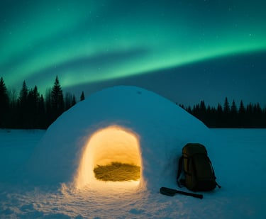 Northern lights over glowing snow shelter with pine bedding and backpack for Arctic wilderness survival