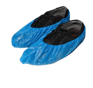 a pair of blue plastic shoe covers on a pair of shoes