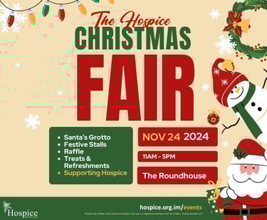 An advert for the Hospice Christmas Fair 2024 showing a snowman and Santa.