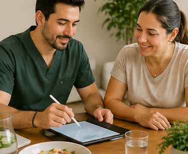Nutriólogo personalizando plan de alimentación para tratar dislipidemias para su paciente