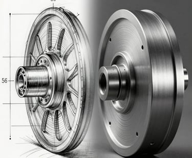 A composite image showing the transition from a pencil sketch to a technical CAD drawing and finally a physical industrial part. Silver and charcoal tones.
