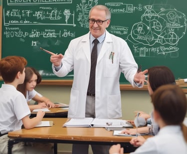 A vibrant classroom scene with engaged students and a teacher explaining biology concepts on a digital board.