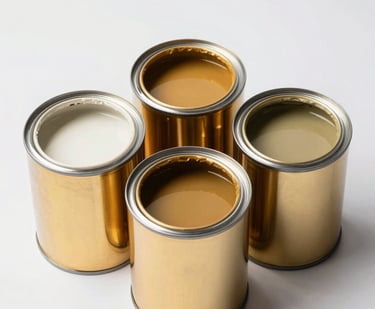 Four open cans of interior paint in neutral shades of white, tan, and beige for home renovation projects.