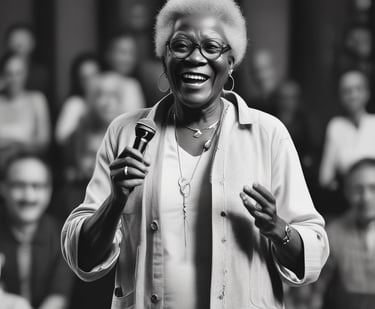 A confident woman in her 60s speaking on stage with a warm spotlight.