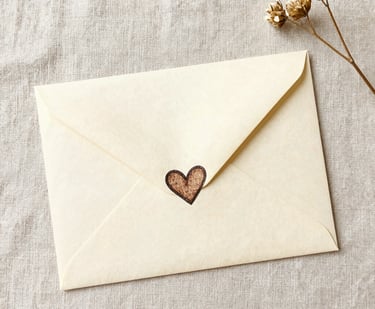 A cream-colored paper envelope with a small wooden heart seal. Pisma iz srca
