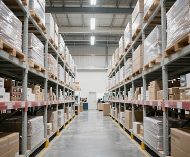 An expansive interior of a clean, state-of-the-art logistics warehouse in the Middle Eastern / Gulf region, featuring organized white shelving units and bright lighting.
