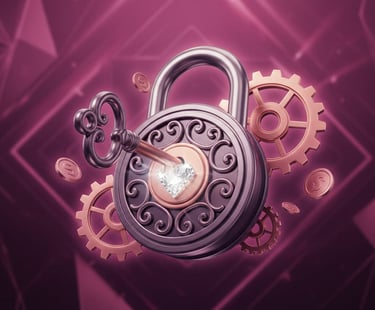 "3D ilustracija luksuznog ružičastog katanca sa dijamantom i ključem za Premium escape room paket."