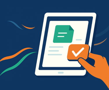 flat design 2.0 di una mano stilizzata che preme un pulsante di conferma su un tablet, simbolo della semplicità digitale 