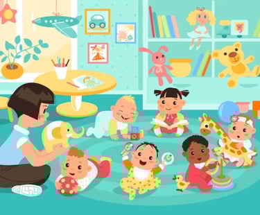 groupe d'enfants Astro'mômes jouant avec des jouets dans la crèche / micro-crèche