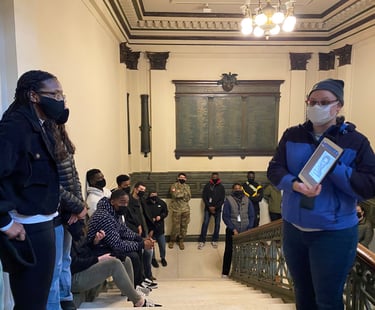 Dr. Hooton, left, with students at Cullum Hall at West Point. Black history and memory walking tour