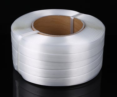 Heavy-duty packaging secured with durable polyester composite straps